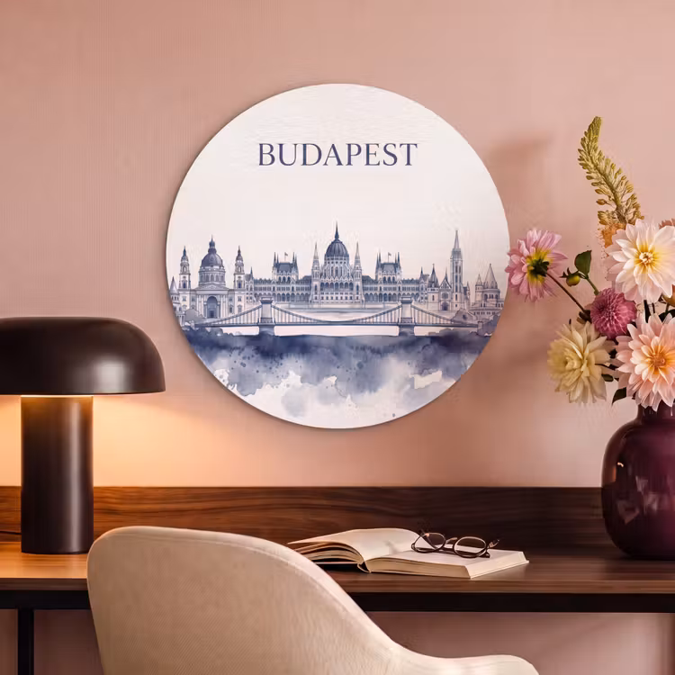 Boedapest - Skyline - Architectuur - Aquarel - Blauw Akoestische PET Vilt - Rond klein -sfeer3