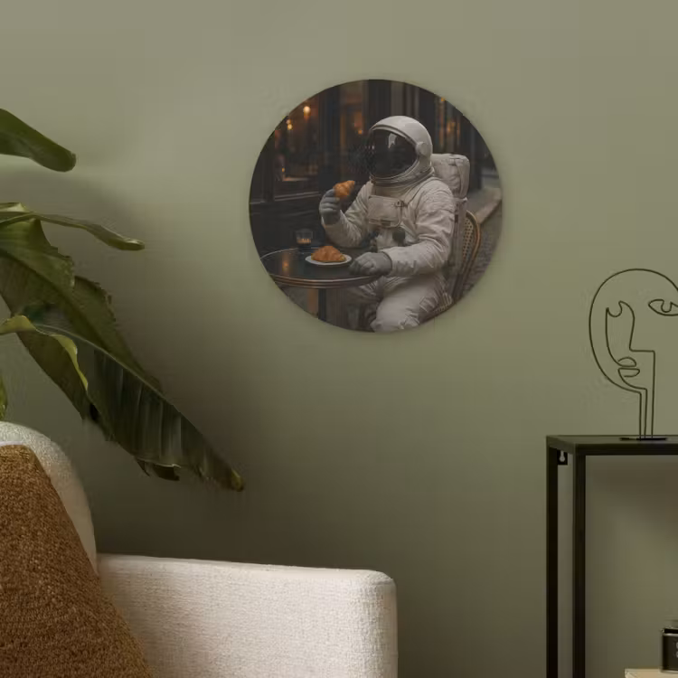 Café - Croissant - Koffie - Astronaut Akoestische PET Vilt - Rond klein -sfeer2