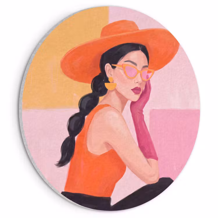 Vrouw - Hoed - Mode - Modern - Oranje Akoestische PET Vilt - Rond klein -3d
