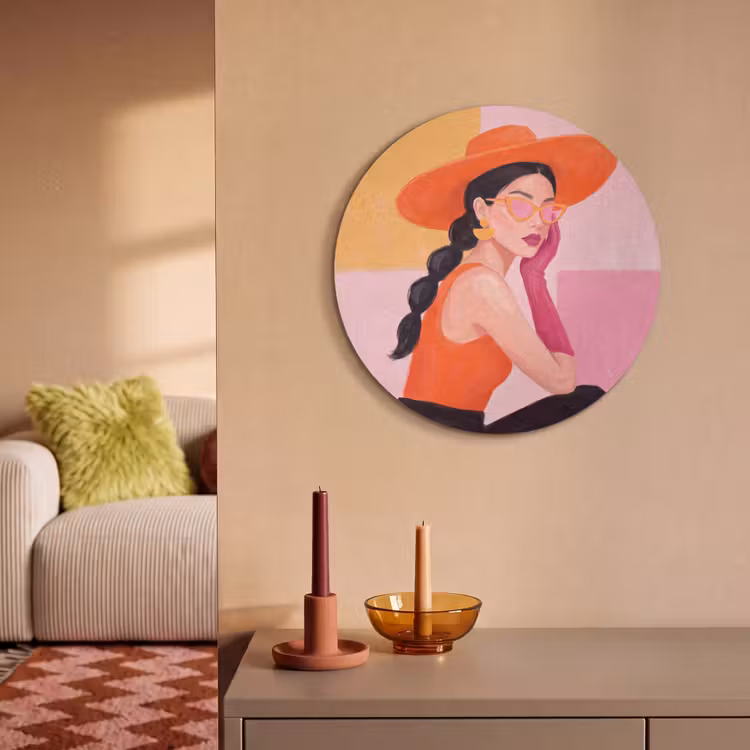 Vrouw - Hoed - Mode - Modern - Oranje Akoestische PET Vilt - Rond klein -sfeer1