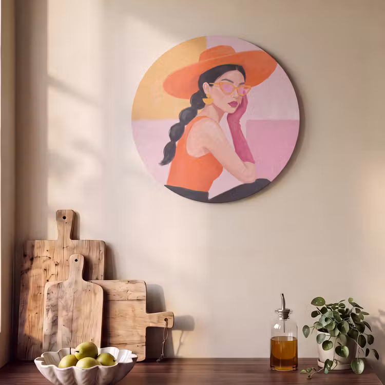 Vrouw - Hoed - Mode - Modern - Oranje Akoestische PET Vilt - Rond klein -sfeer2