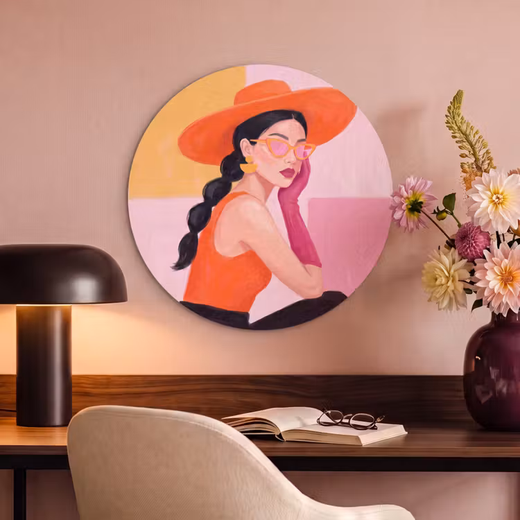 Vrouw - Hoed - Mode - Modern - Oranje Akoestische PET Vilt - Rond klein -sfeer3
