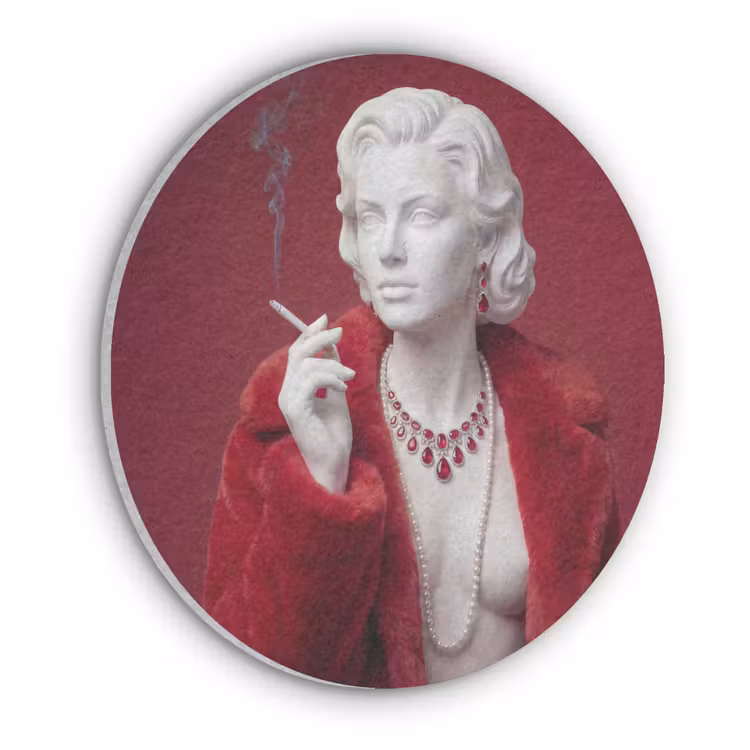 Vrouw - Bontjas - Mode - Klassiek - Rood Akoestische PET Vilt - Rond klein -3d