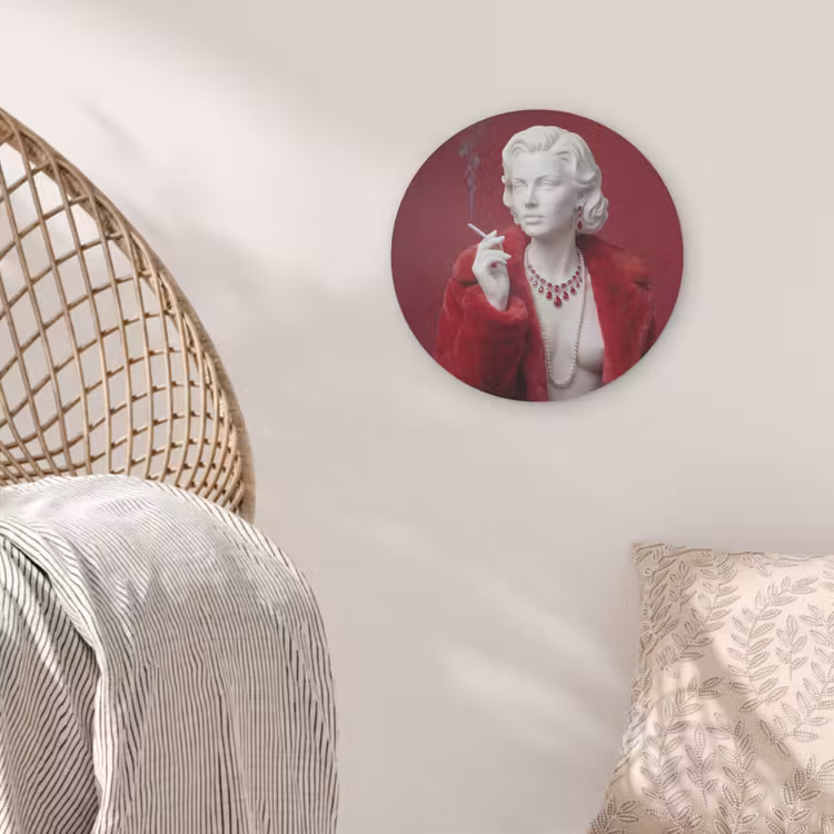 Vrouw - Bontjas - Mode - Klassiek - Rood Akoestische PET Vilt - Rond klein -sfeer4