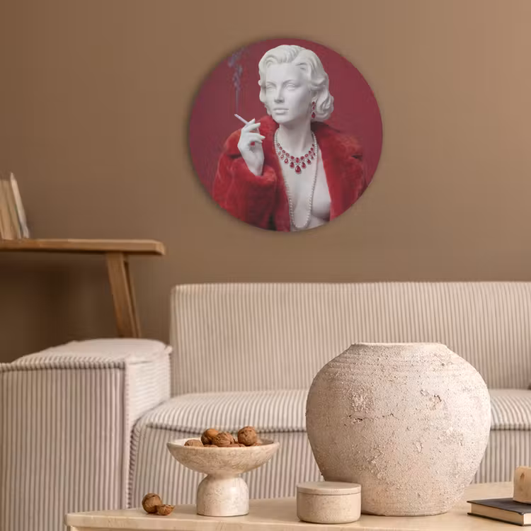Vrouw - Bontjas - Mode - Klassiek - Rood Akoestische PET Vilt - Rond klein -sfeer1