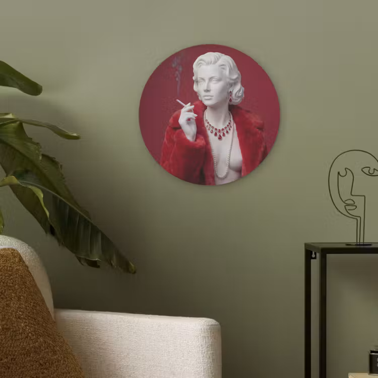 Vrouw - Bontjas - Mode - Klassiek - Rood Akoestische PET Vilt - Rond klein -sfeer2