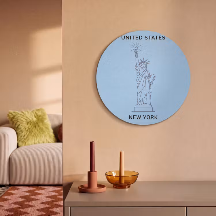 Monument - Vrijheidsbeeld - New York - Minimalistisch - Blauw Akoestische PET Vilt - Rond klein -sfeer1