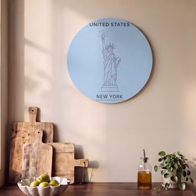 Monument - Vrijheidsbeeld - New York - Minimalistisch - Blauw Akoestische PET Vilt - Rond klein -sfeer2