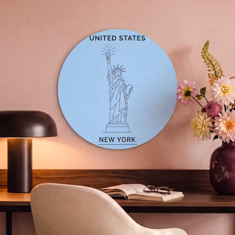 Monument - Vrijheidsbeeld - New York - Minimalistisch - Blauw Akoestische PET Vilt - Rond klein -sfeer3