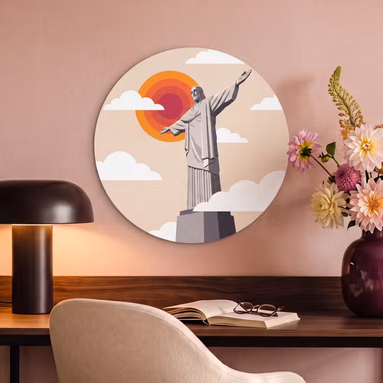 Monument - Stad - Zonsondergang - Minimalistisch - Oranje Akoestische PET Vilt - Rond klein -sfeer3