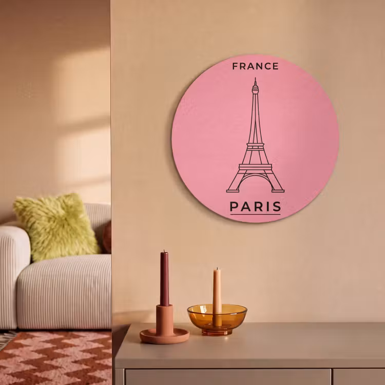 Eiffeltoren - Parijs - Architectuur - Minimalistisch - Roze Akoestische PET Vilt - Rond klein -sfeer1