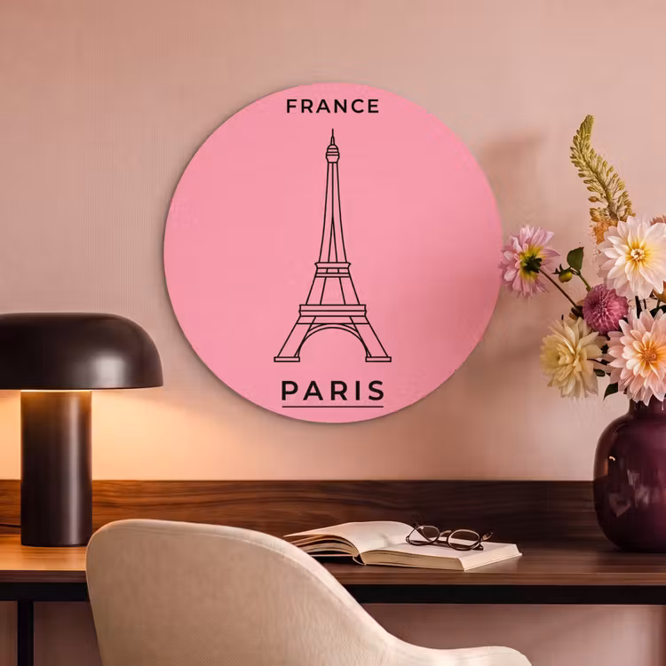 Eiffeltoren - Parijs - Architectuur - Minimalistisch - Roze Akoestische PET Vilt - Rond klein -sfeer3