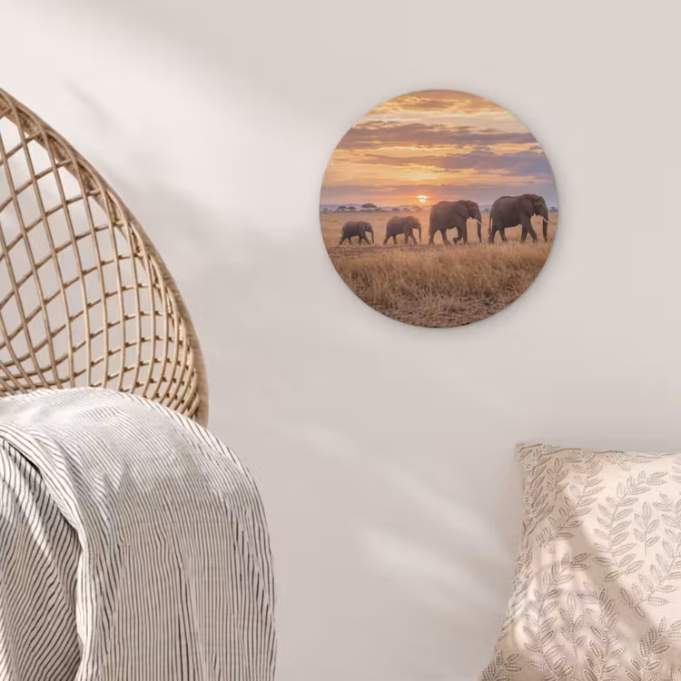 Olifanten - Savanne - Zonsondergang - Afrika - Warm Akoestische PET Vilt - Rond klein -sfeer4