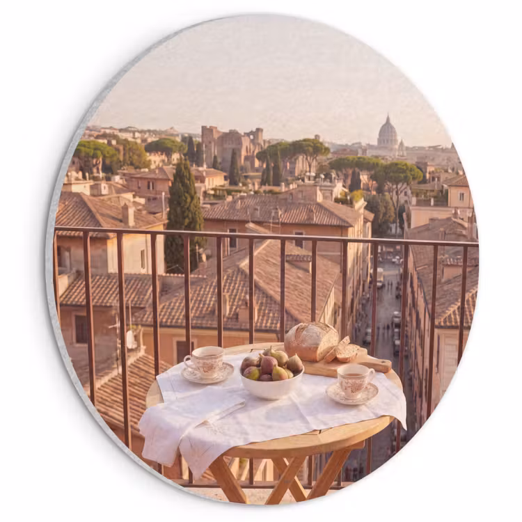 Eten - Ontbijt - Balkon - Stad - Zonsopgang Akoestische PET Vilt - Rond klein -3d