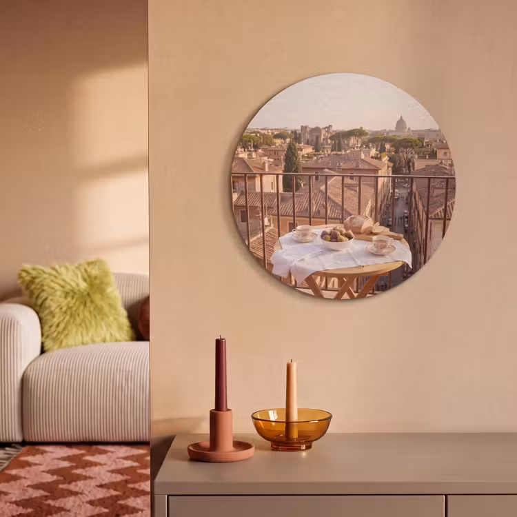 Eten - Ontbijt - Balkon - Stad - Zonsopgang Akoestische PET Vilt - Rond klein -sfeer1