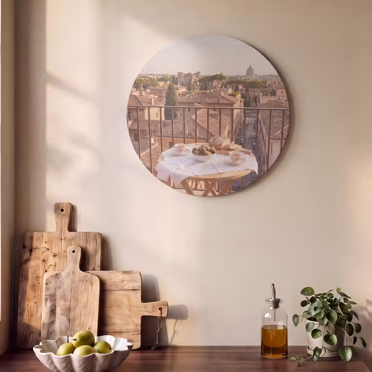 Eten - Ontbijt - Balkon - Stad - Zonsopgang Akoestische PET Vilt - Rond klein -sfeer2