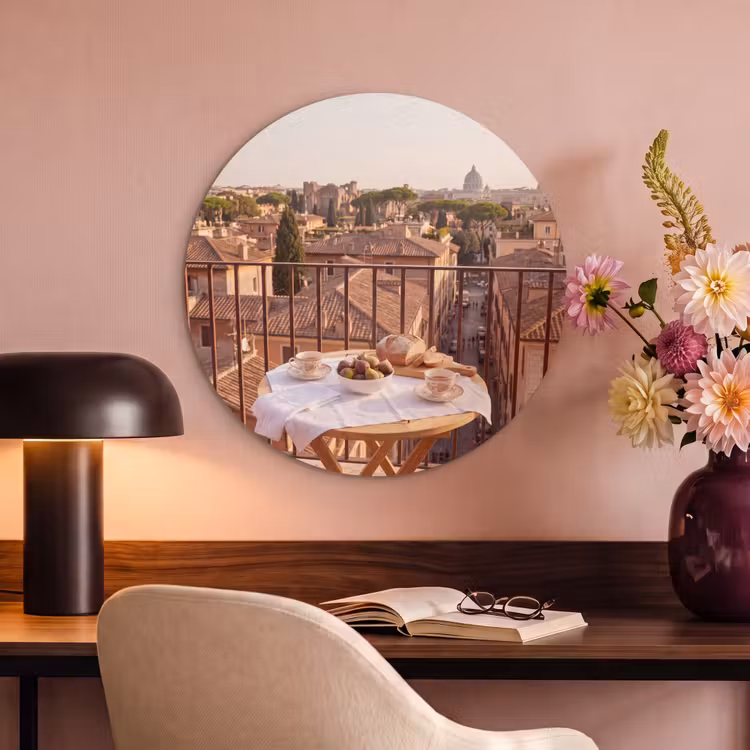 Eten - Ontbijt - Balkon - Stad - Zonsopgang Akoestische PET Vilt - Rond klein -sfeer3