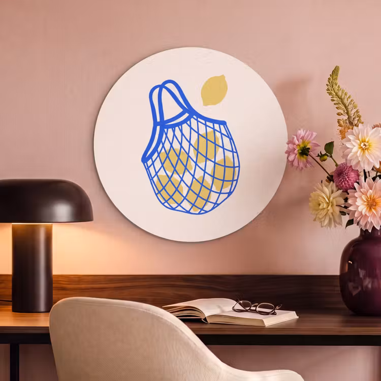 Eten - Citroen - Boodschappen - Abstract - Geel - Blauw Akoestische PET Vilt - Rond klein -sfeer3