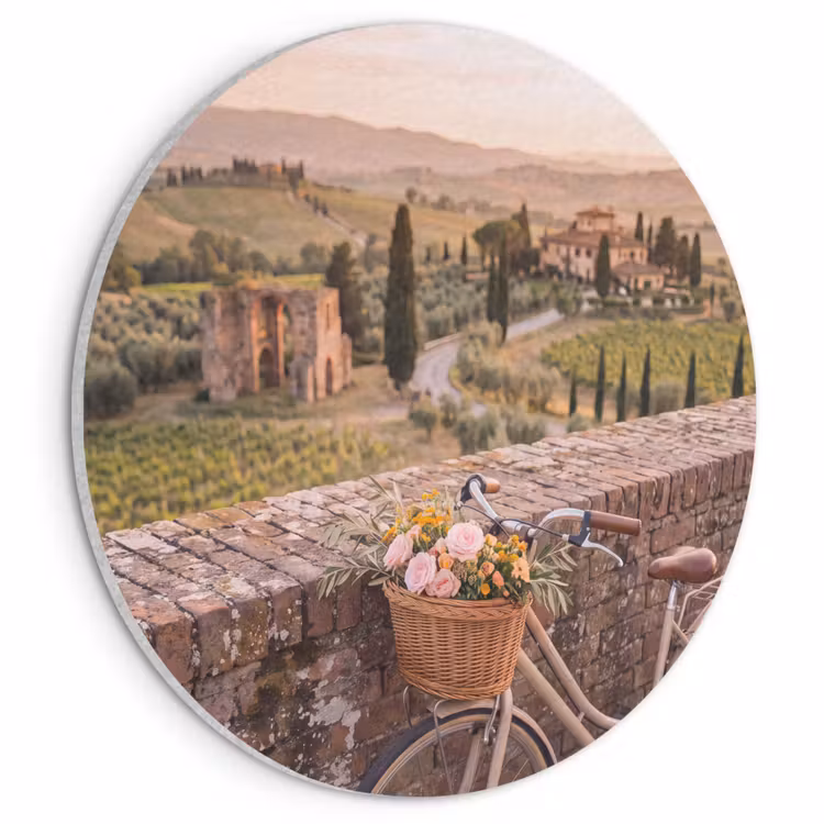 Fiets - Bloemen - Toscane - Landschap - Roze Akoestische PET Vilt - Rond klein -3d