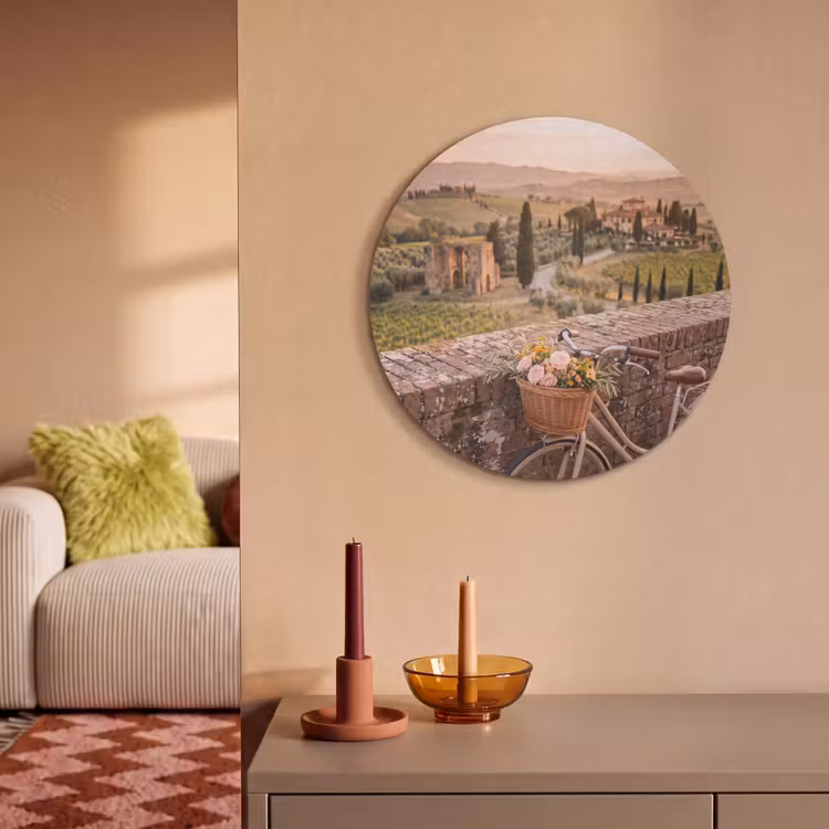 Fiets - Bloemen - Toscane - Landschap - Roze Akoestische PET Vilt - Rond klein -sfeer1