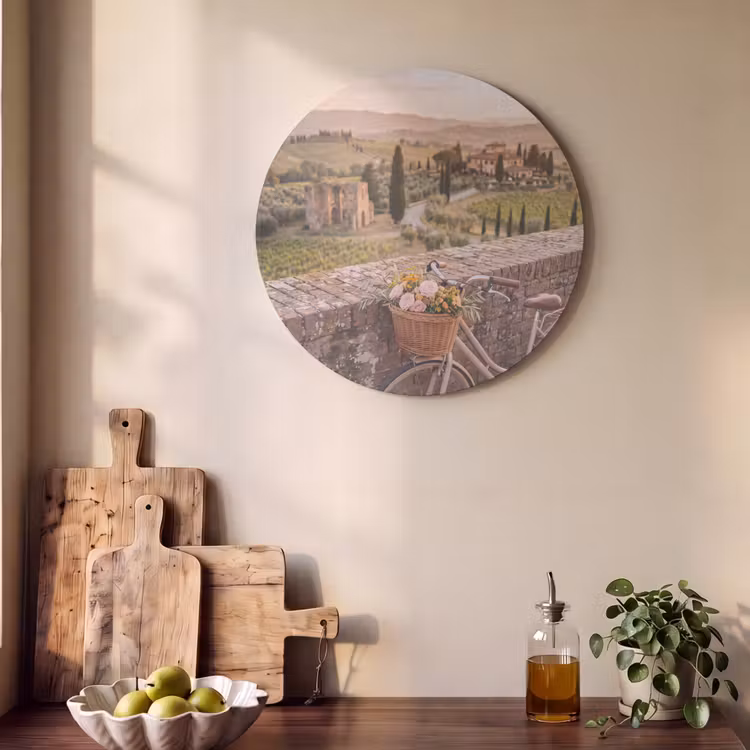 Fiets - Bloemen - Toscane - Landschap - Roze Akoestische PET Vilt - Rond klein -sfeer2