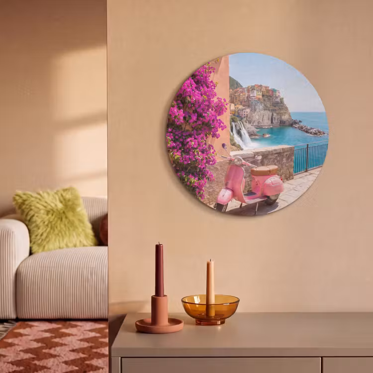 Voertuig - Roze - Kust - Zomer - Reizen Akoestische PET Vilt - Rond klein -sfeer1