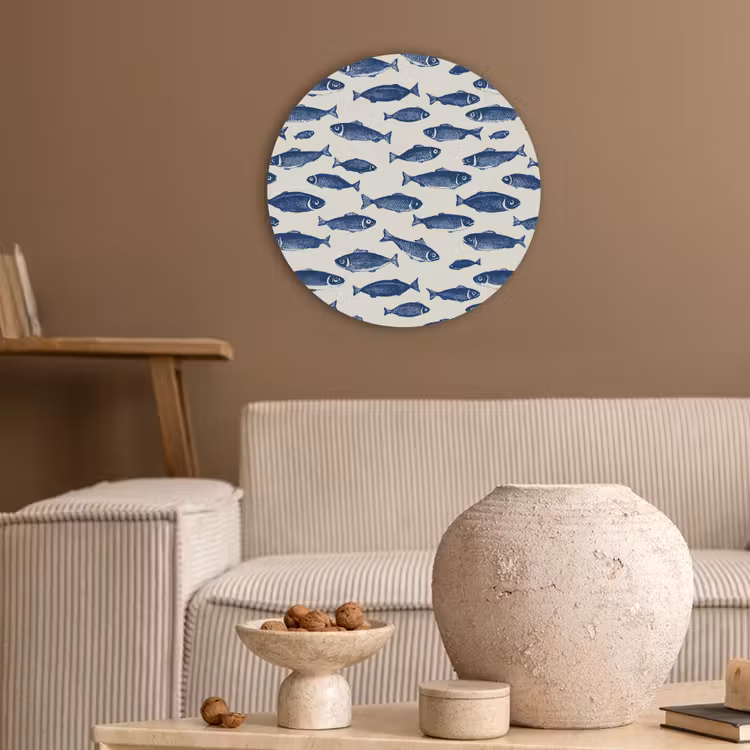 Vissen - Patroon - Blauw - Wit Akoestische PET Vilt - Rond klein 838 -sfeer1