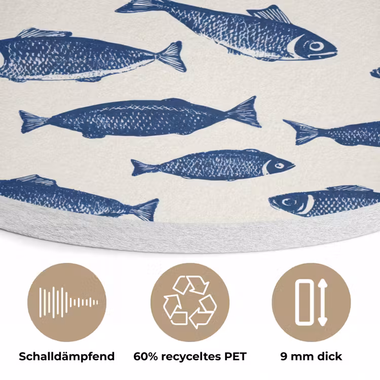 Vissen - Patroon - Blauw - Wit Akoestische PET Vilt - Rond klein 838 -closeup_DE