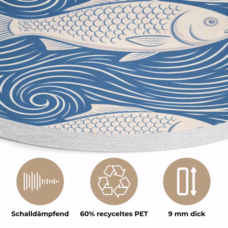 Vis - Water - Patroon - Grafisch - Blauw Akoestische PET Vilt - Rond klein -closeup_DE