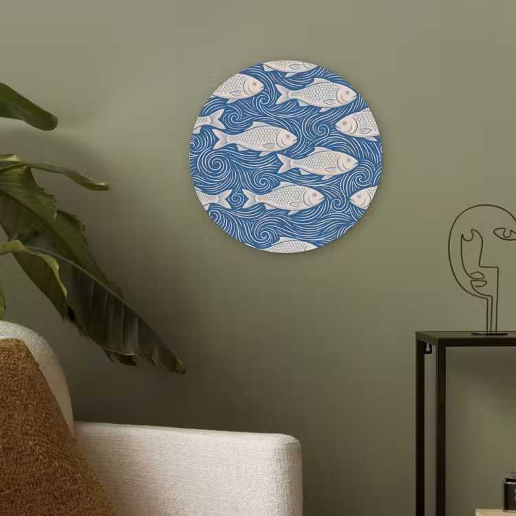 Vis - Water - Patroon - Grafisch - Blauw Akoestische PET Vilt - Rond klein -sfeer2