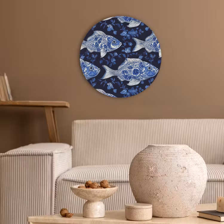 Vissen - Bloemen - Blauw Akoestische PET Vilt - Rond klein 838 -sfeer1