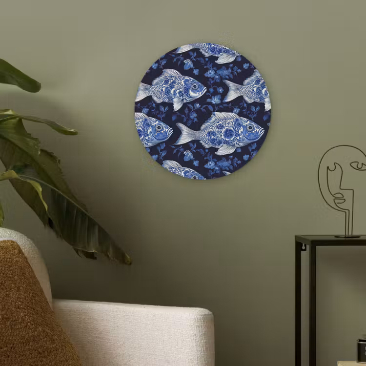 Vissen - Bloemen - Blauw Akoestische PET Vilt - Rond klein 838 -sfeer2