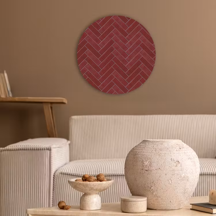 Visgraat - Wandtegel - Bordeaux - Rood Akoestische PET Vilt - Rond klein 838 -sfeer1