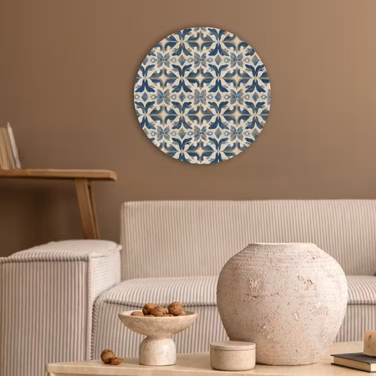 Tegel - Patroon - Blauw - Beige Akoestische PET Vilt - Rond klein 838 -sfeer1