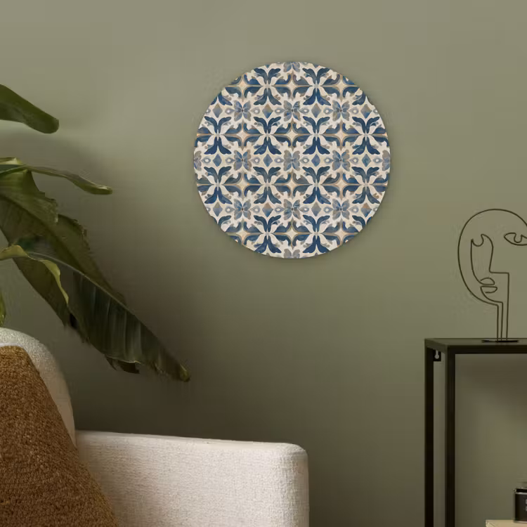 Tegel - Patroon - Blauw - Beige Akoestische PET Vilt - Rond klein 838 -sfeer2