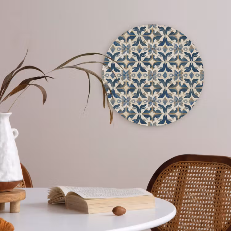 Tegel - Patroon - Blauw - Beige Akoestische PET Vilt - Rond klein 838 -sfeer3