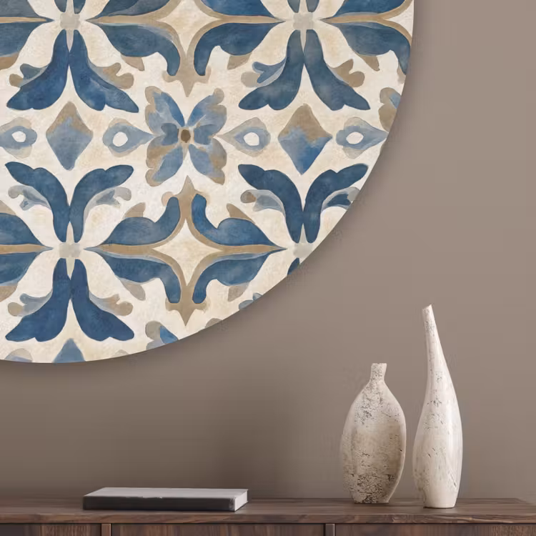 Tegel - Patroon - Blauw - Beige Akoestische PET Vilt - Rond klein 838 -sfeer5_closeup