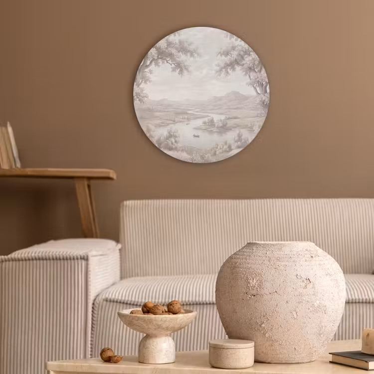 Rivierlandschap - Bergen - Natuur - Vintage - Beige Akoestische PET Vilt - Rond klein -sfeer1