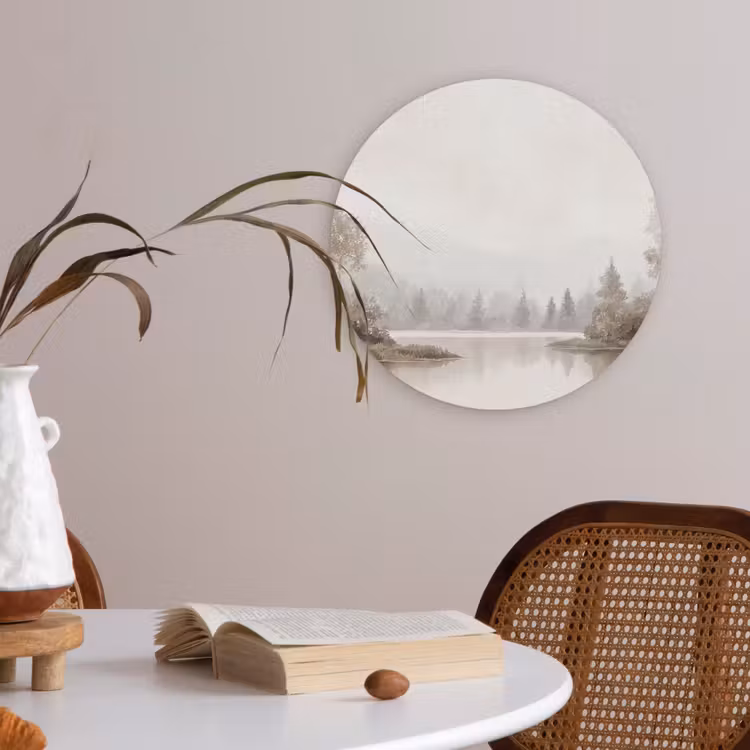Rivierlandschap - Minimalistisch - Aardetinten Akoestische PET Vilt - Rond klein -sfeer3