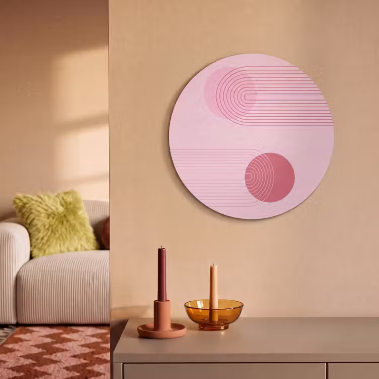 Vormen - Lijnen - Minimalistisch - Roze Akoestische PET Vilt - Rond klein -sfeer1