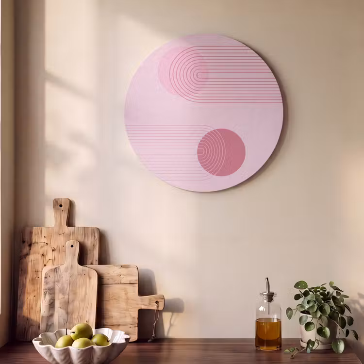 Vormen - Lijnen - Minimalistisch - Roze Akoestische PET Vilt - Rond klein -sfeer2