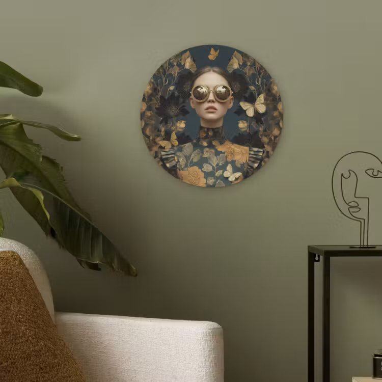 Vrouw - Bladeren - Goud - Vlinders Akoestische PET Vilt - Rond klein -sfeer2