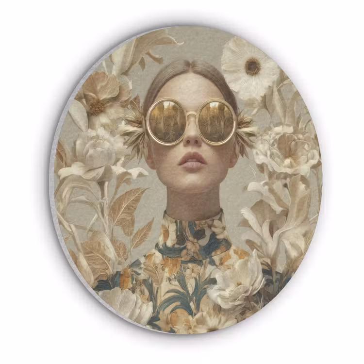 Vrouw - Bloemen - Zonnebril - Wit Akoestische PET Vilt - Rond klein -3d