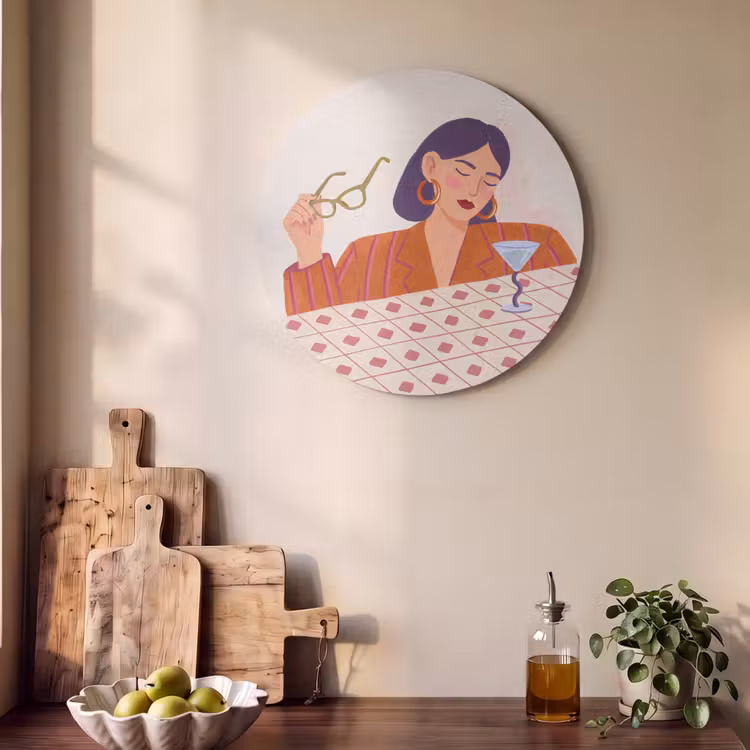 Vrouw - Bril - Cocktail - Illustratie - Modern Akoestische PET Vilt - Rond klein -sfeer2