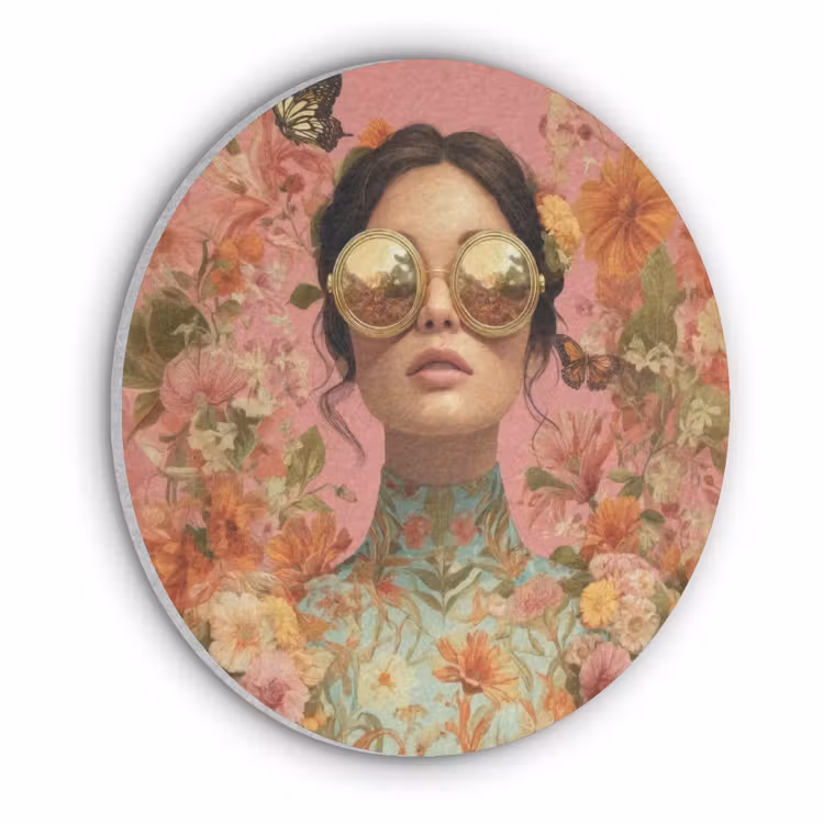Vrouw - Bril - Roze - Bloemen Akoestische PET Vilt - Rond klein -3d