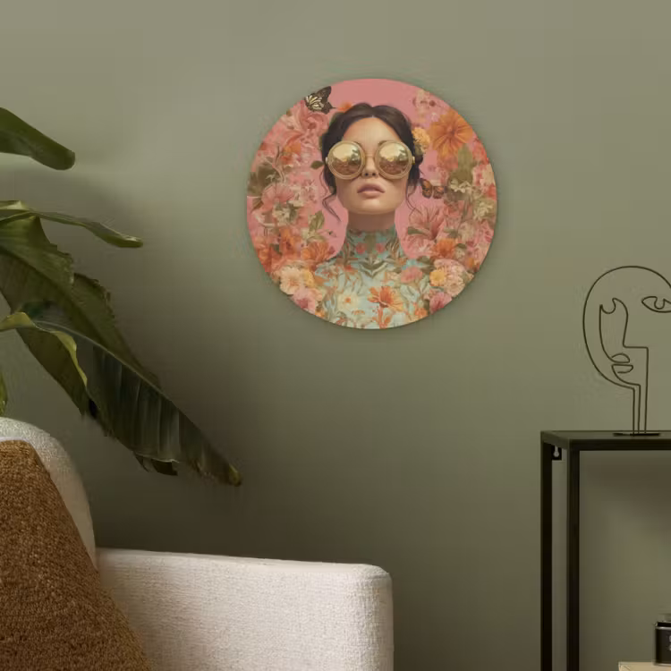 Vrouw - Bril - Roze - Bloemen Akoestische PET Vilt - Rond klein -sfeer2