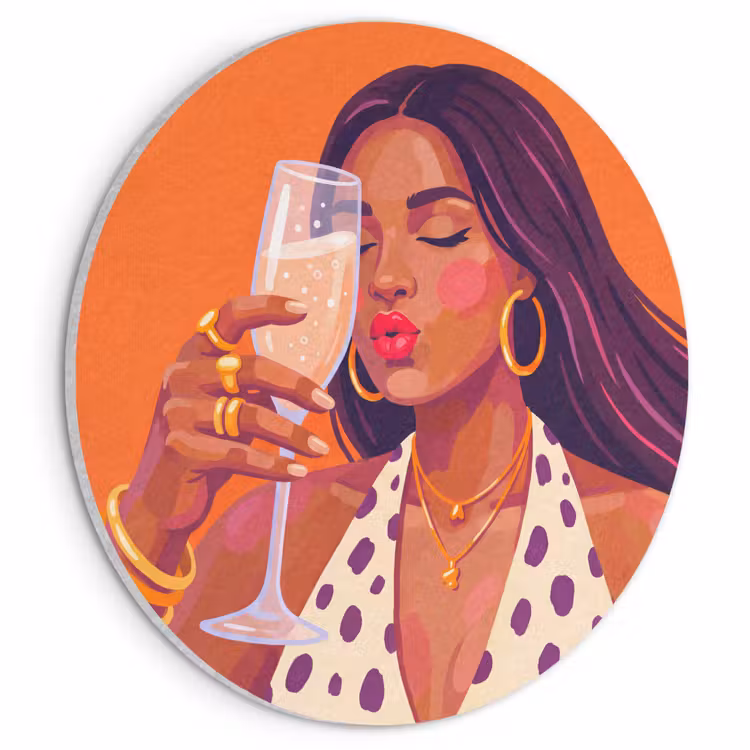 Vrouw - Champagne - Feest - Modern - Oranje Akoestische PET Vilt - Rond klein -3d