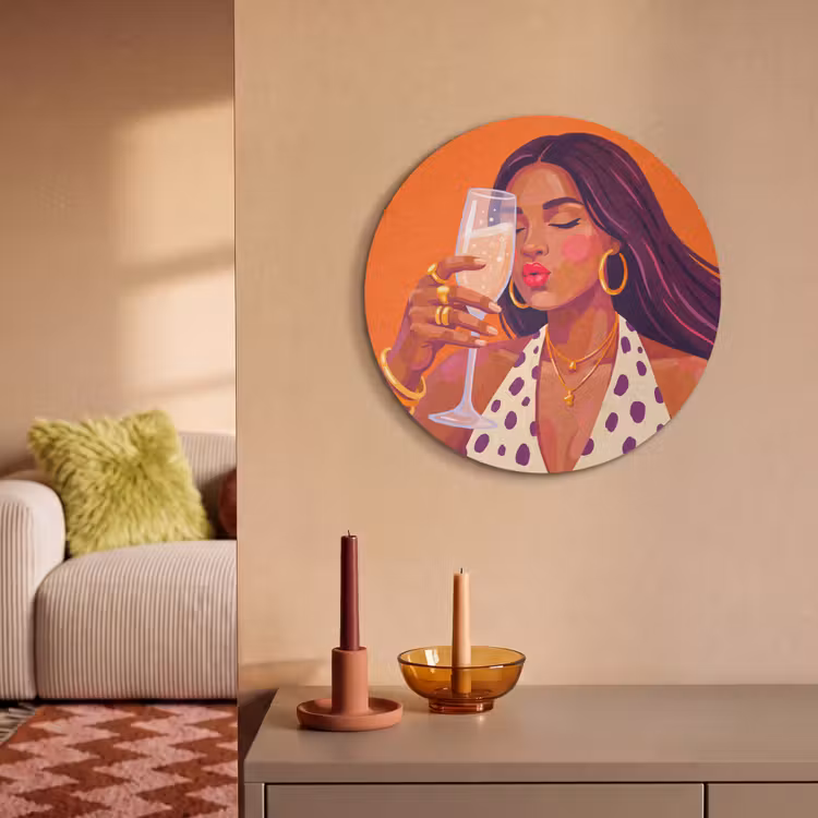 Vrouw - Champagne - Feest - Modern - Oranje Akoestische PET Vilt - Rond klein -sfeer1
