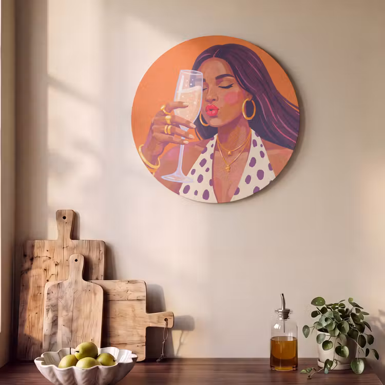 Vrouw - Champagne - Feest - Modern - Oranje Akoestische PET Vilt - Rond klein -sfeer2