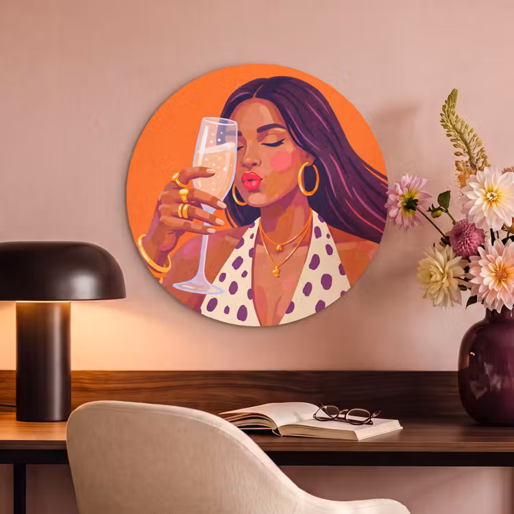 Vrouw - Champagne - Feest - Modern - Oranje Akoestische PET Vilt - Rond klein -sfeer3